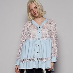 POL Light Blue and White Lace Blouse